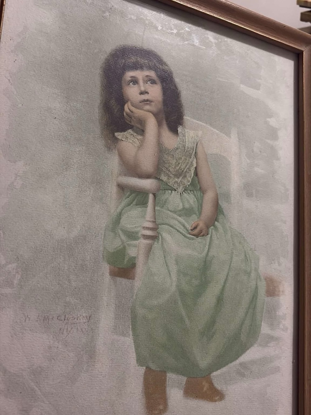 Vintage Portrait Print of Seated Girl in Green Dress